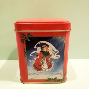 Vintage Christmas Holiday Tin 1995 Fabri-centers Small 4" Angels Doves Red Dress